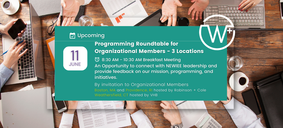 Programming roundtable for organizational members - 3 locations - June 11, 8:30-10:30am breakfast meeting. An opportunity to connect with NEWIEE leadership and provide feedback on our mission, programming, and initiatives.